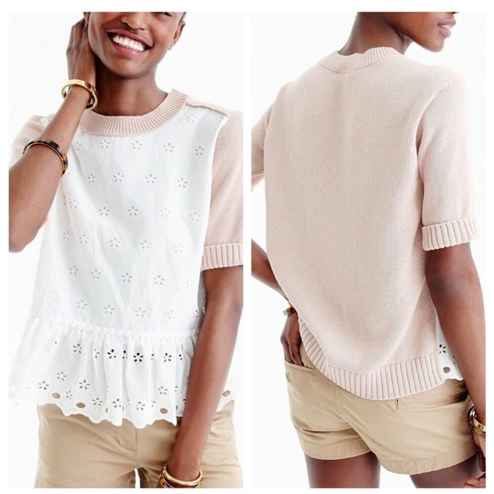 J.Crew White and Tan Eyelet Sweater Top